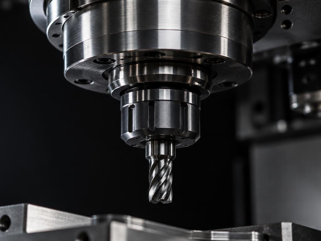 High-end CNC spindle head with brushed metallic surfaces