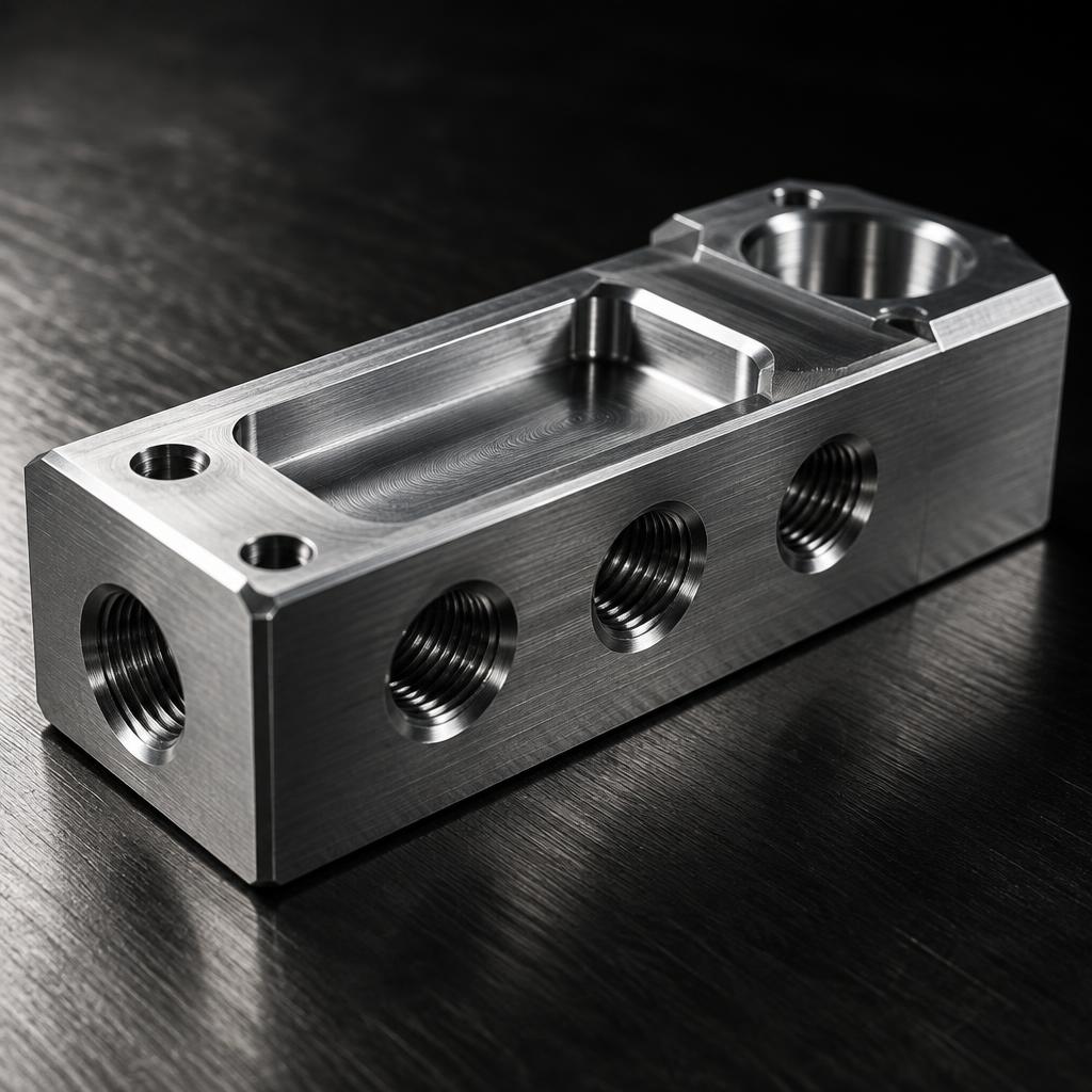 Precision-machined aluminum part with clean threads and milled faces